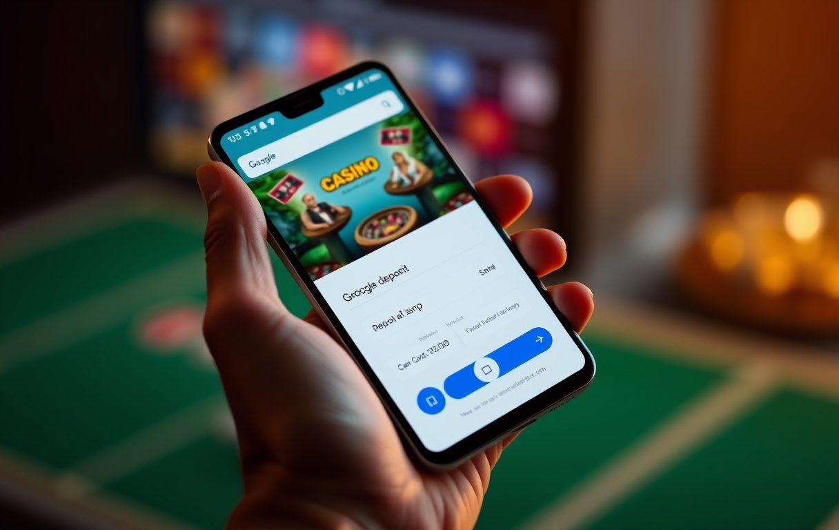 Person som holder en Android-telefon med Google Pay klar for casinoinnskudd