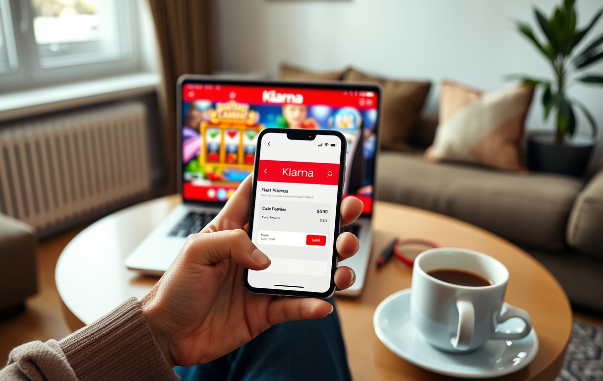 Person som bruker Klarna-appen på mobilen foran en laptop med et casino på skjermen.