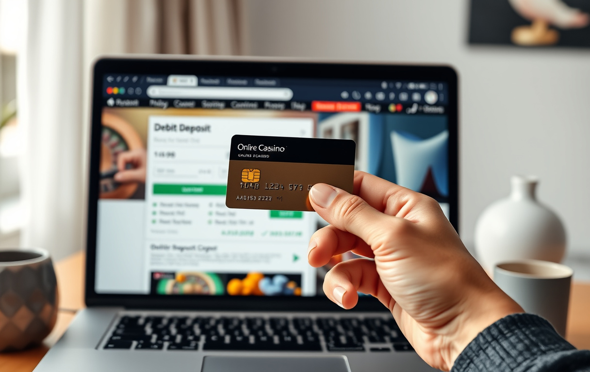 En person holder et Mastercard-kort foran en bærbar PC med et norsk nettcasino synlig på skjermen.