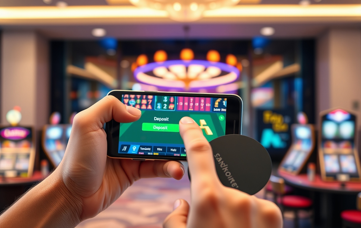 Person som setter inn penger på mobilcasino med mobilbetaling.