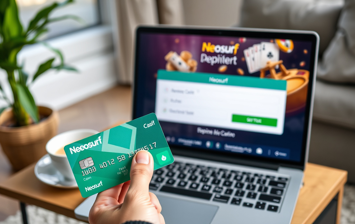 Person med Neosurf-kort foran en laptop med casinoinnskudd
