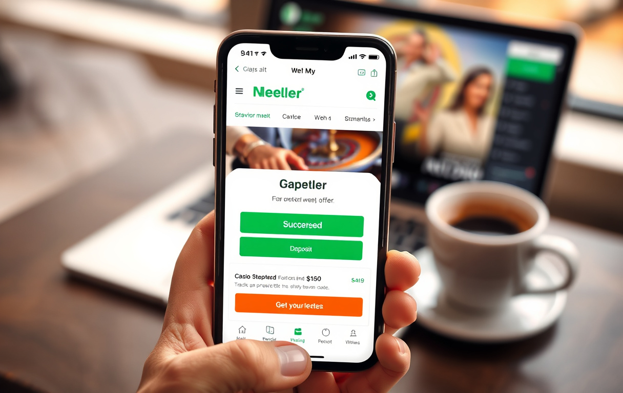 Smarttelefon med Neteller-app for casinoinnskudd