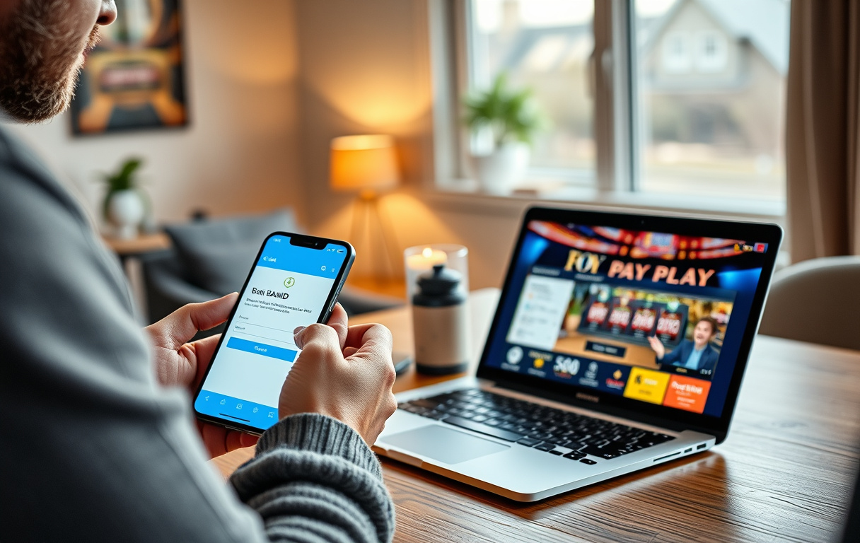 Person som bekrefter Pay n Play-betaling med mobilen foran en bærbar PC.