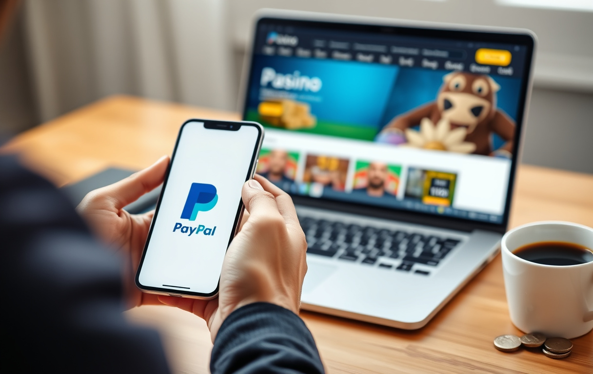 Person med mobiltelefon som viser PayPal-logo, foran en laptop med et casino-nettsted.