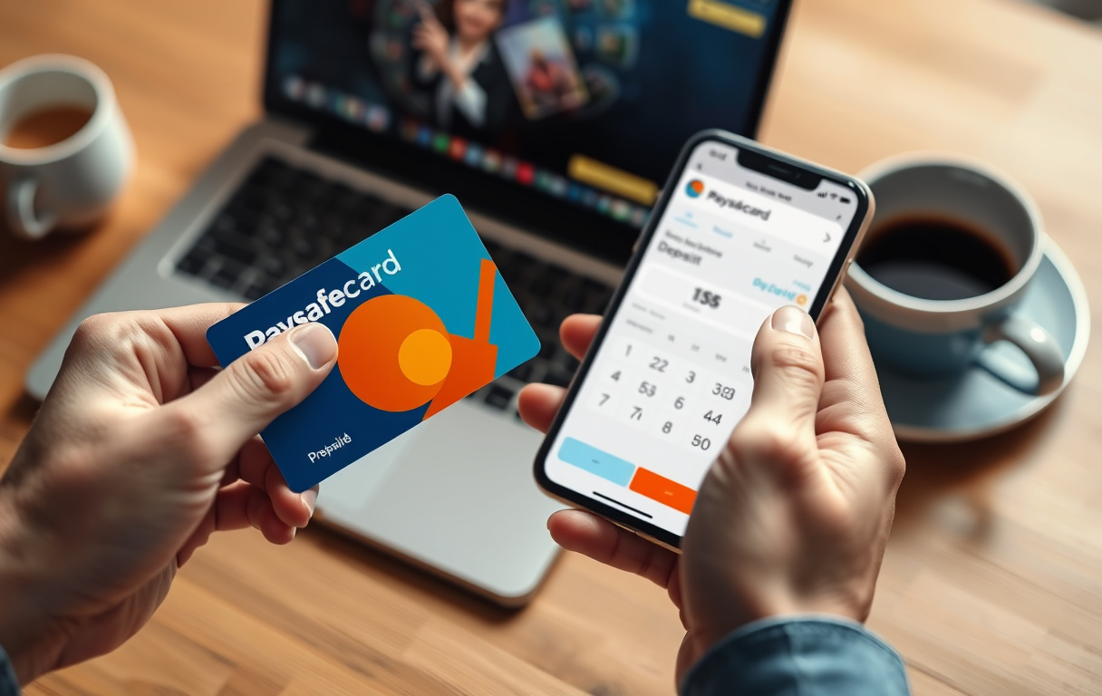 Hånd som holder et Paysafecard prepaid-kort ved siden av en mobiltelefon med casino-innskuddsskjerm