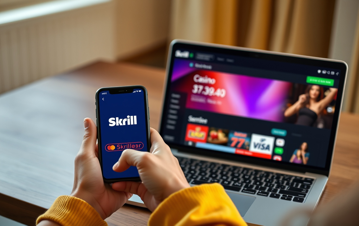 Person med mobil og laptop som viser Skrill-appen og casino-kassen