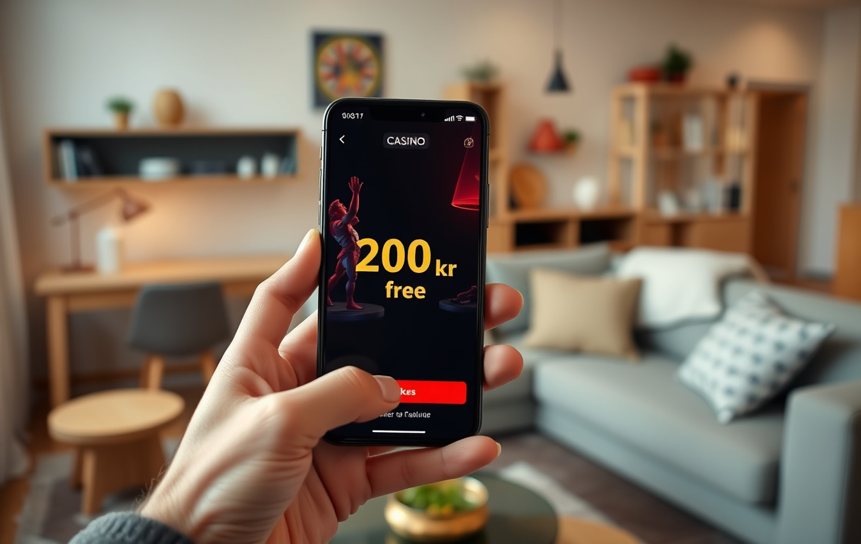Person med mobiltelefon som viser 200 kr gratis bonus fra et nettcasino, i en moderne norsk stue.
