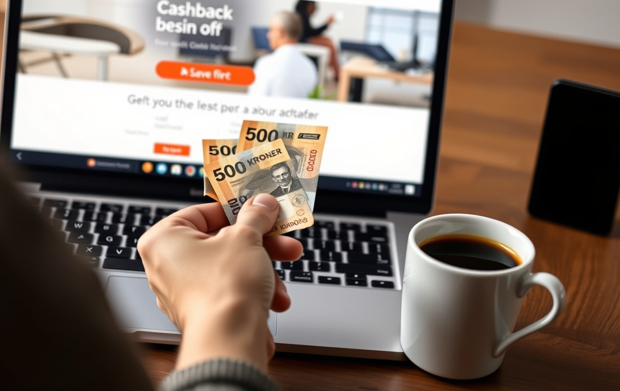 Norsk 500-kroneseddel over en laptop med cashback-tilbud på skjermen
