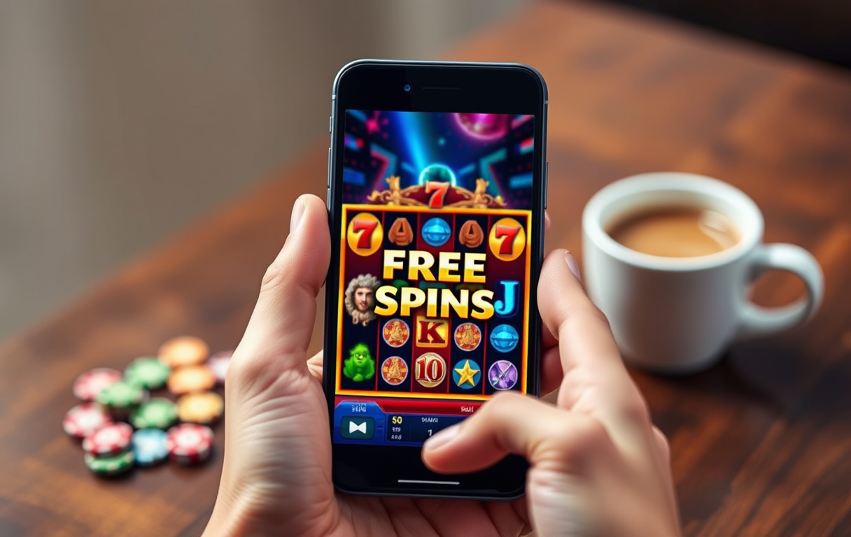 Smarttelefon som viser en spilleautomat med gratisspinn-bonus, omgitt av kasinosjetonger og en kopp kaffe.