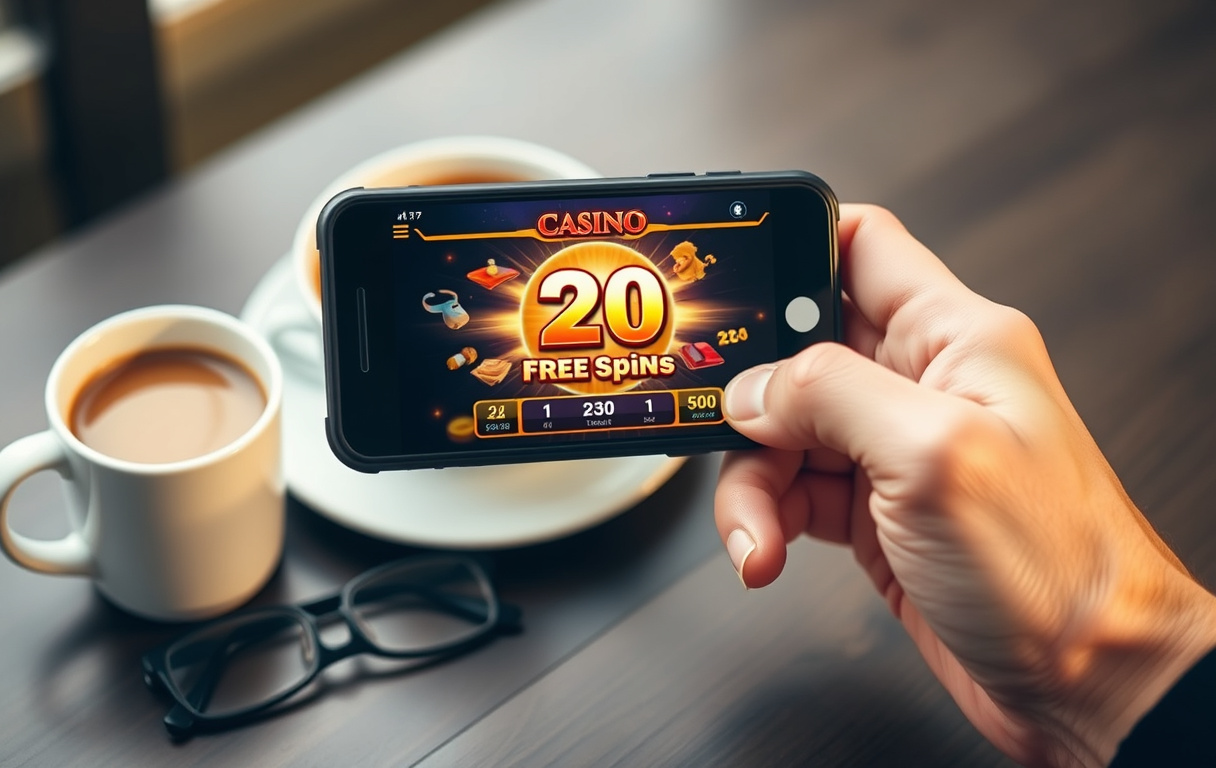 En hånd som holder en mobiltelefon med gratisspinn-varsel på skjermen, ved siden av en kopp kaffe og briller