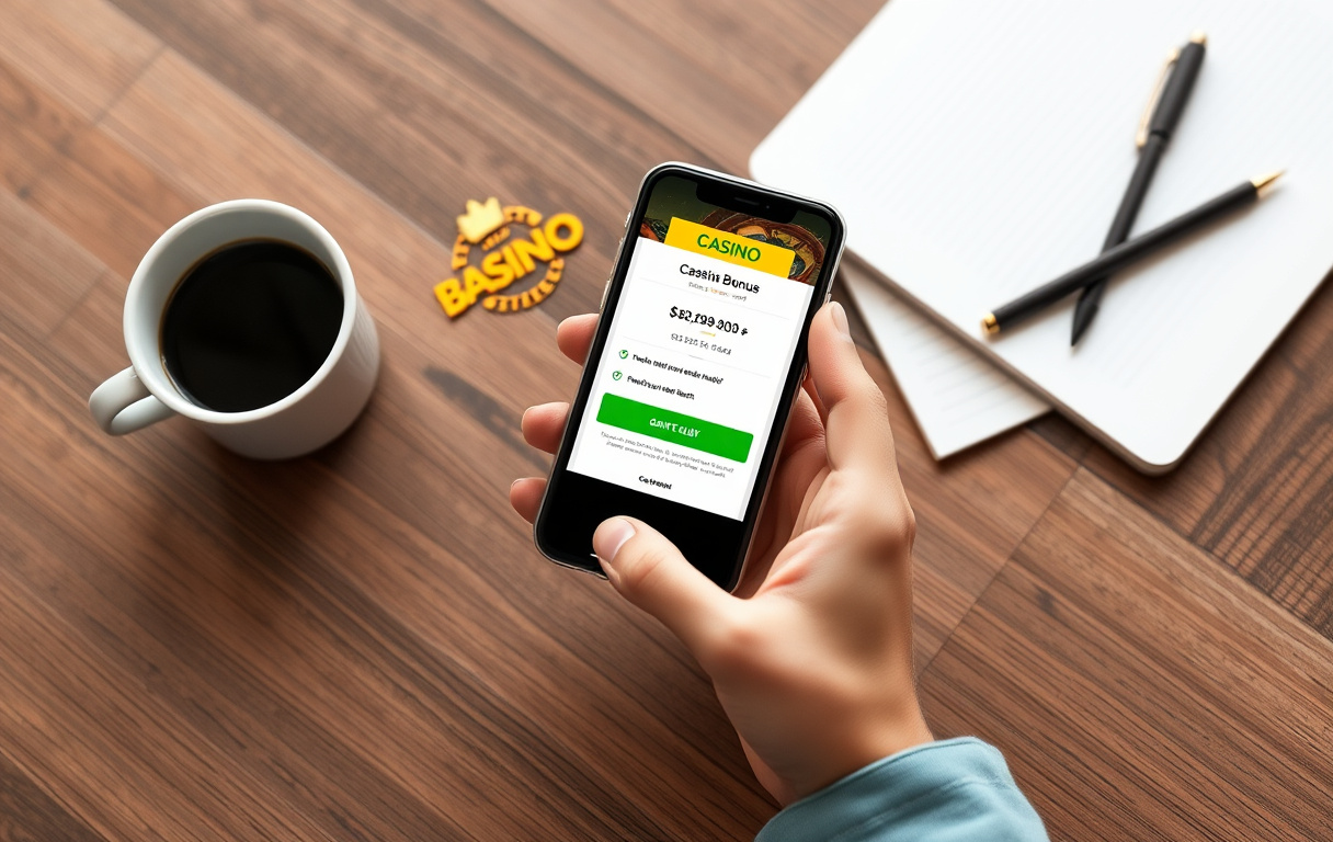 Person som studerer en innskuddsbonus på mobilen, med kaffekopp og notatbok på bordet.