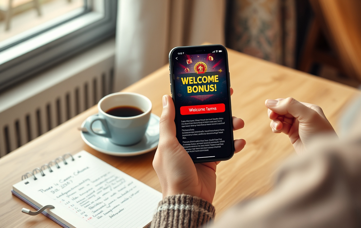 Norsk spiller med mobiltelefon som viser en velkomstbonus, kaffekopp og notatbok med vilkår.