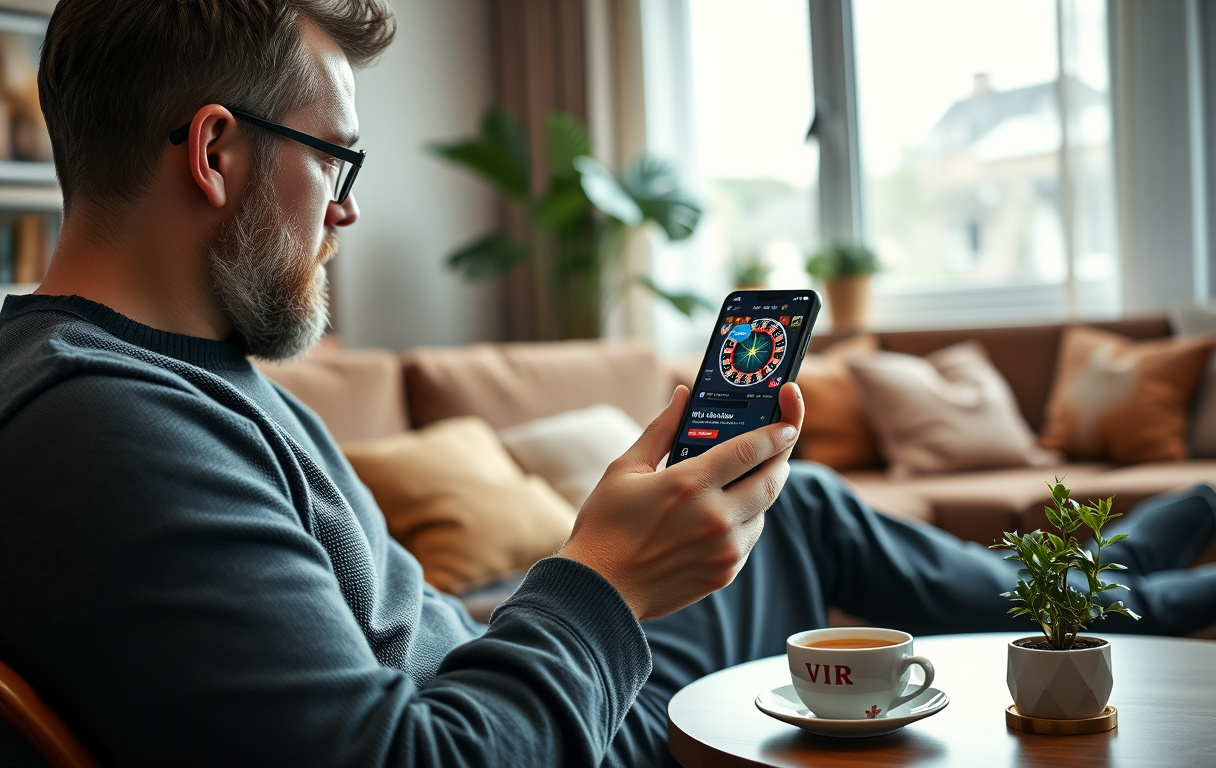 En person sitter i en stue og ser på en mobiltelefon med VIP-casino-grensesnitt og en personlig VIP-manager-chat.