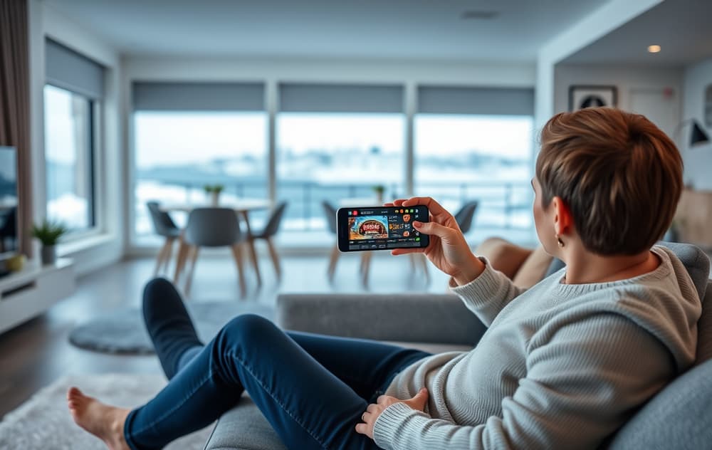 Person som ser på mobilskjerm med et varmt drikke, norsk hjemmekontor