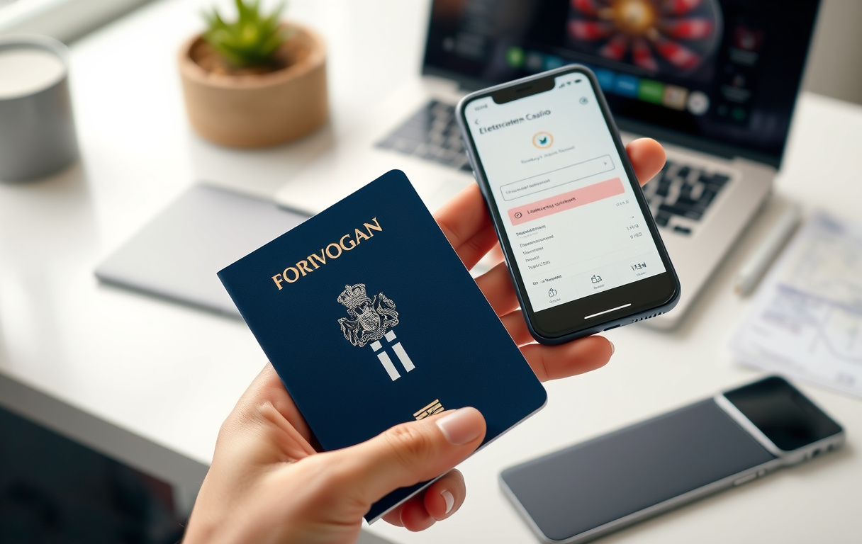 En person holder et norsk pass og en mobiltelefon med verifiseringsskjerm fra et nettcasino. En strømregning og laptop ligger på skrivebordet.