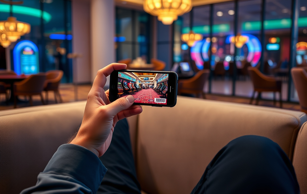 Person som holder en mobiltelefon med et casino-grensesnitt og lisensmerke synlig nederst på skjermen.