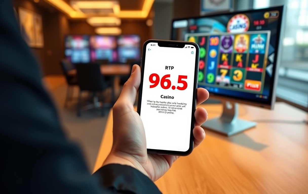 Person som sjekker RTP på en spilleautomat via smarttelefon, med casino-lobby i bakgrunnen