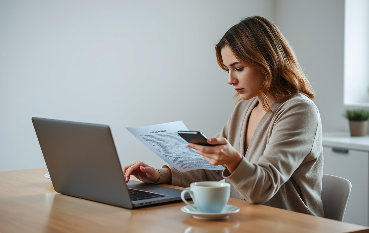 Kvinne leser vilkår på laptop, med kaffekopp og mobiltelefon
