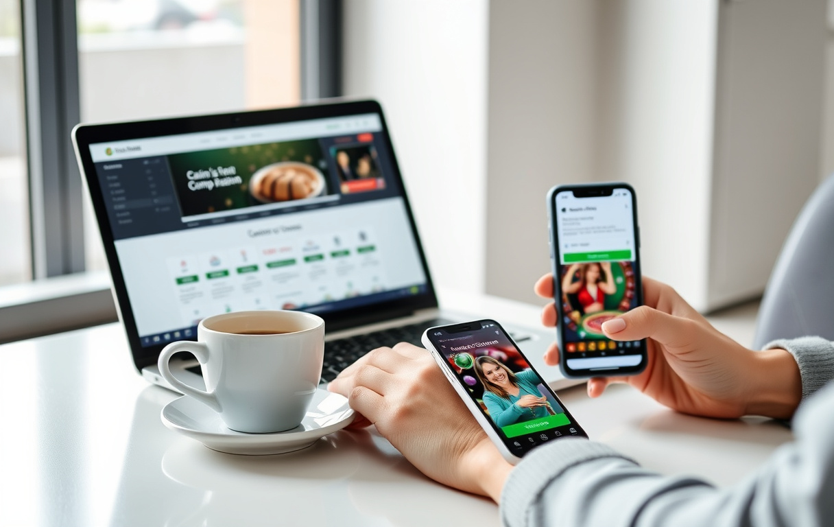 Person som sammenligner casinoer på laptop med mobil ved siden av