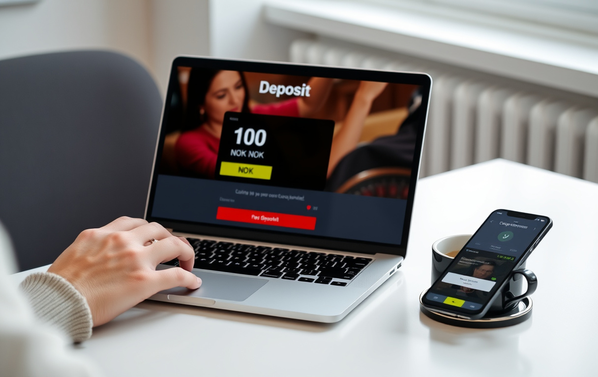 Person som setter inn 10 kr på et nettcasino via laptop, med mobil og kaffekopp på bordet.