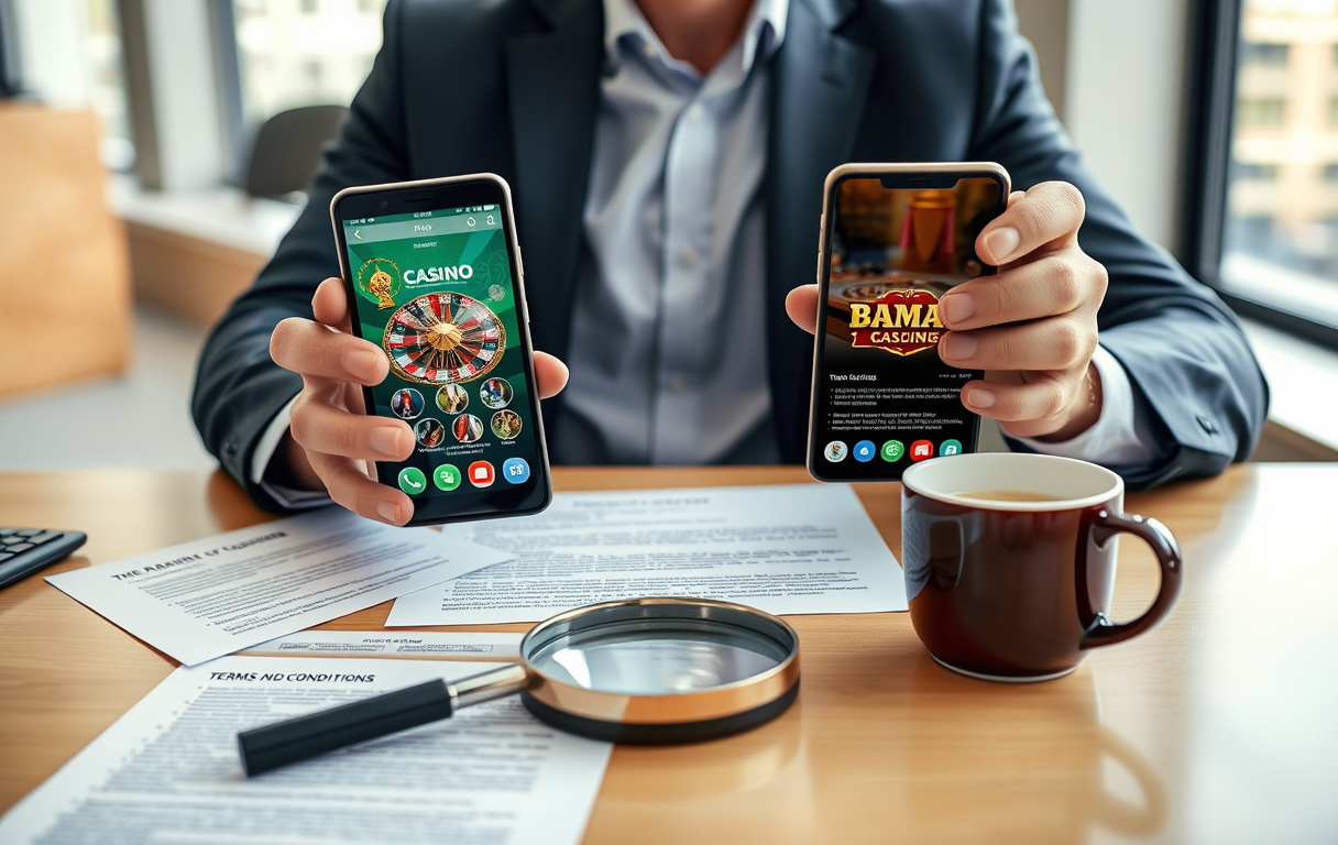 Person som sammenligner to casino-apper på mobiltelefoner, med vilkårspapirer på bordet