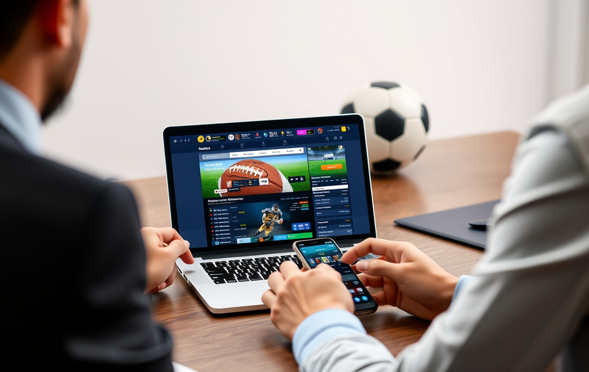 En person som sammenligner fotballodds på laptop og mobiltelefon