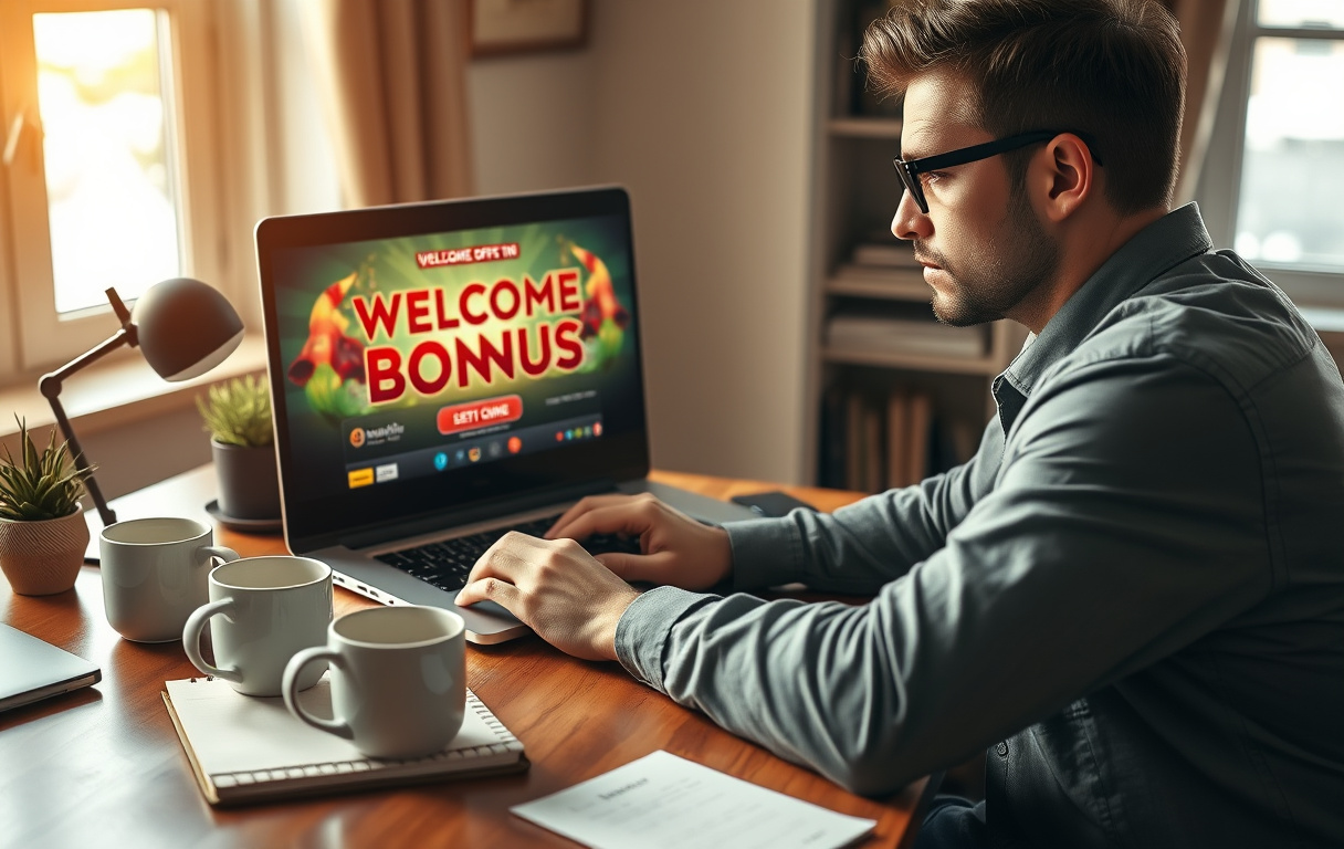 Person som studerer et casino-tilbud på laptop, med notater og kaffekopp på pulten.