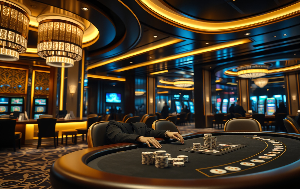 Highroller Casino med mørk trepanel, gullaksenter og en spiller ved et privat bord med sjetonger og kort