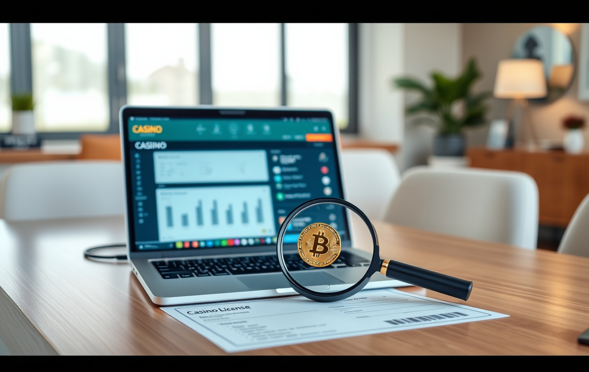 Sammenligning av kryptocasinoer med lisensdokument og Bitcoin-lommebok på skjerm.