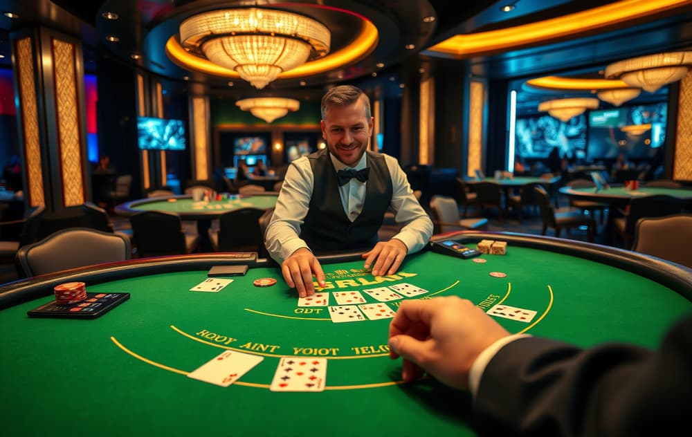 Live casino studio med ekte dealer og blackjack-bord.