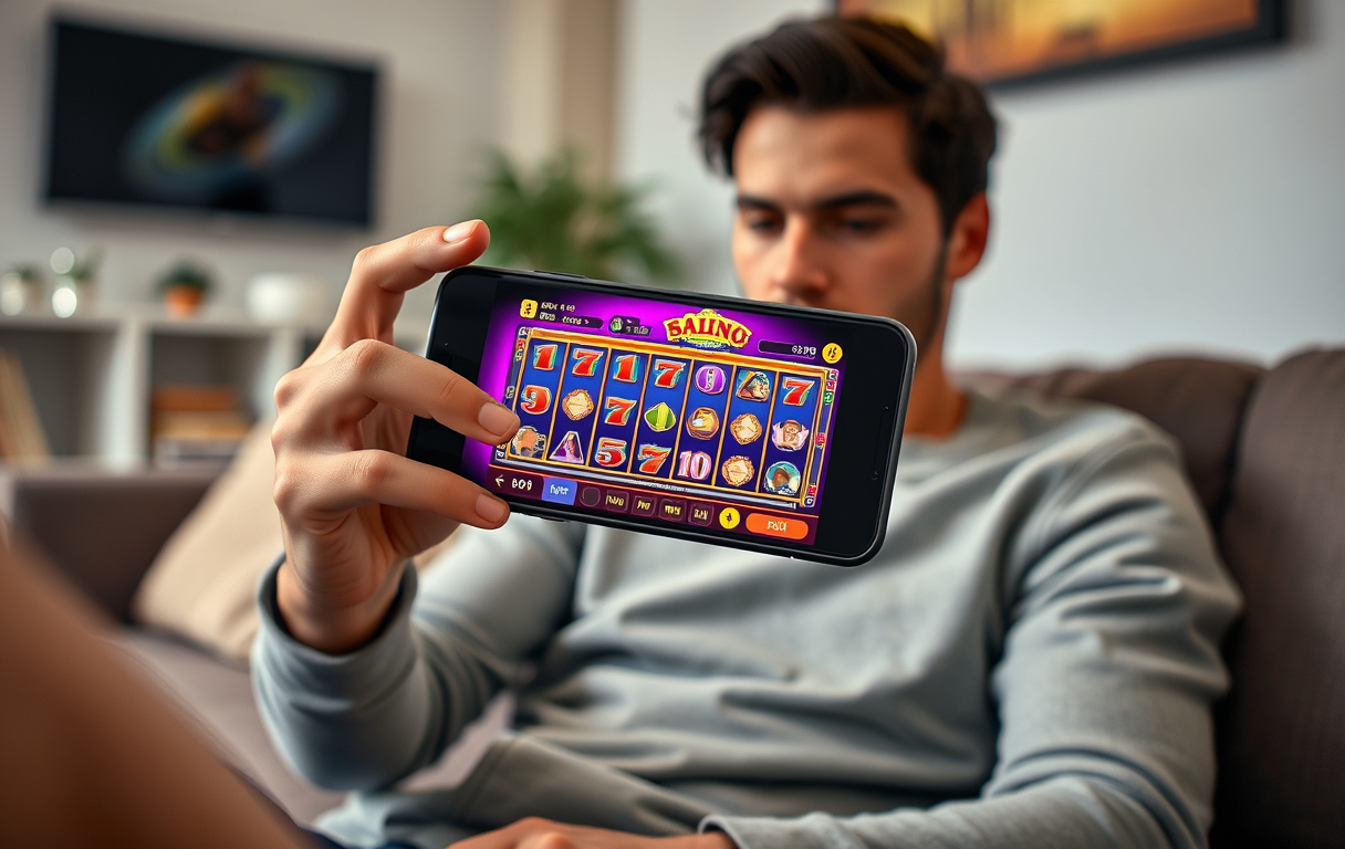 Person som spiller på mobilcasino i stuen – skjermen viser spilleautomater