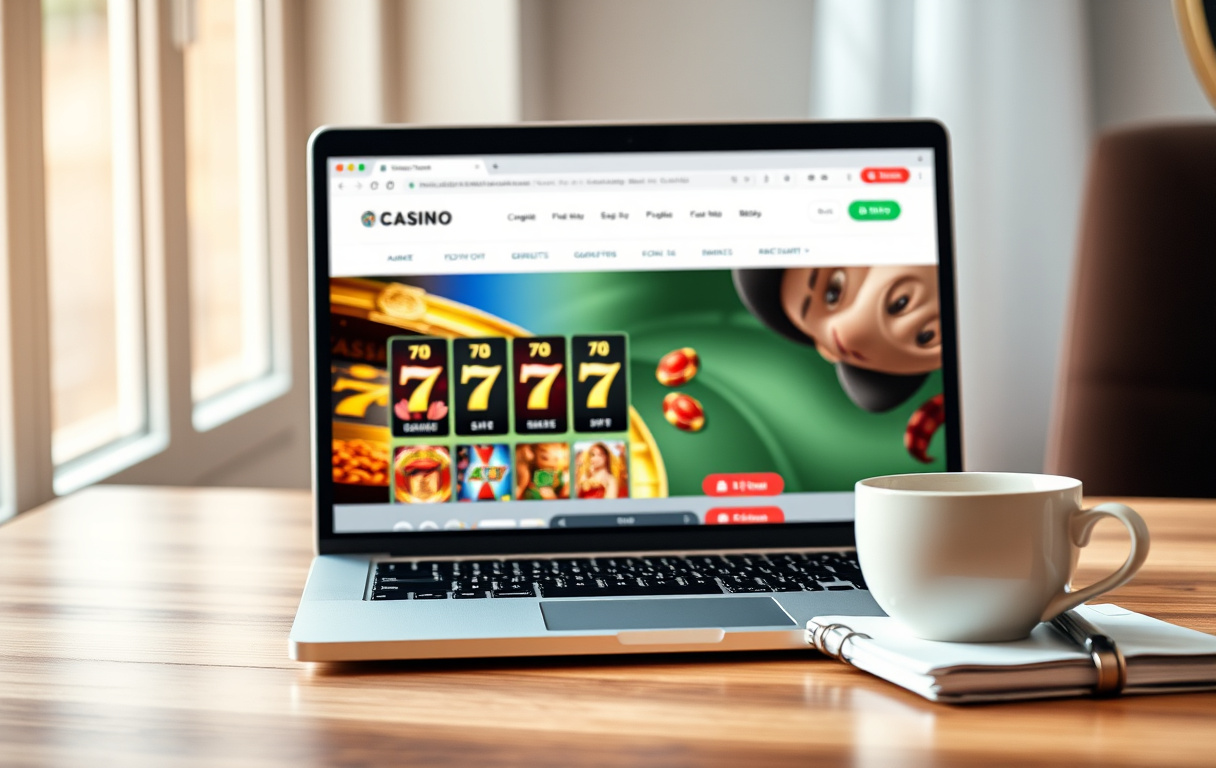 En bærbar PC med kasinoskjerm, kaffekopp og notatblokk – illustrerer nettcasino-sammenligning.