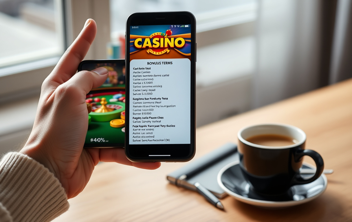 En person som holder en mobiltelefon med et casinospill og bonusvilkår på skjermen, ved siden av en kopp kaffe og en notatbok.