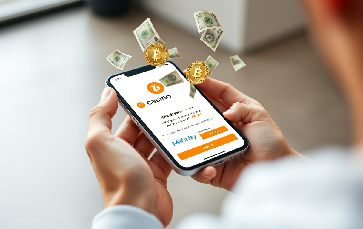 Person med smarttelefon som viser uttaksbekreftelse fra casino med kryptovaluta og e-lommebok.