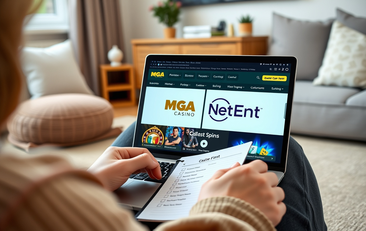 Person som sammenligner casinoer på bærbar PC med sjekkliste.