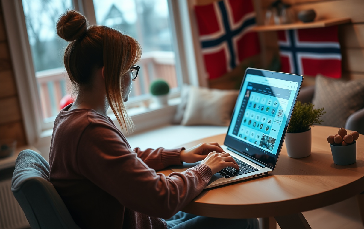 Norsk spiller som spiller bingo på nett via laptop, med bingobrett og chattevindu.