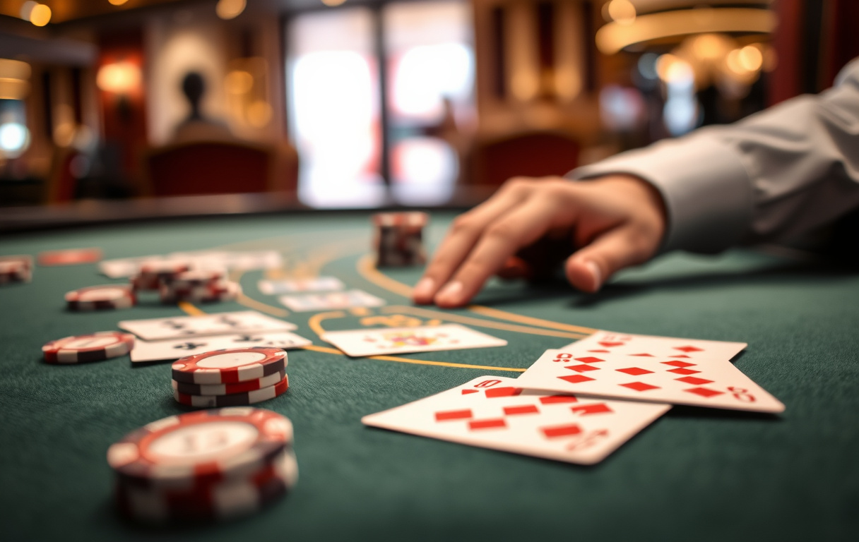 Blackjack-bord med kort og sjetonger, dealerens hånd synlig, stemningsfullt casino-lys