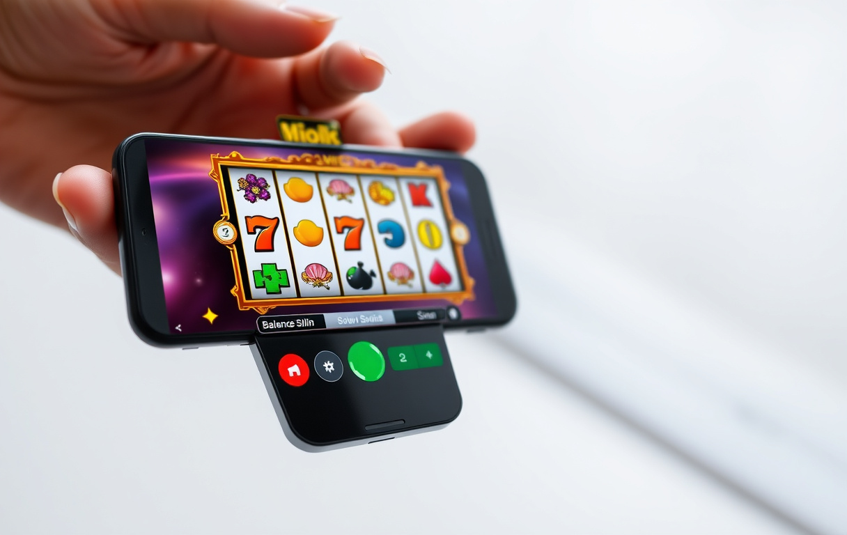 Mobiltelefon med spilleautomat-spill på skjermen, reelle farger og symboler